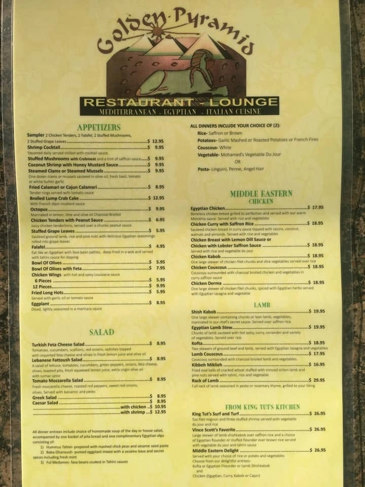 Golden Pyramid menu photograph with appetizers, salads, Middle Eastern chicken, lamb and King Tut's Kitchen dishes.